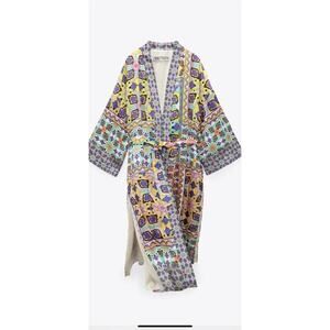 Zara Satin Effect Printed Belted Kimono Robe
